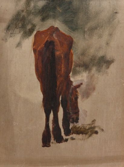 Jean-Richard GOUBIE (1840-1899) Vieux cheval broutant, vu de dos
Huile sur panneau.
21,5...