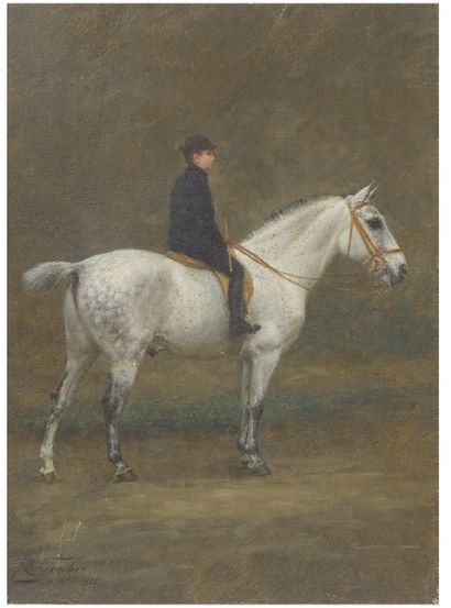 Jean-Richard GOUBIE (1840-1899) Jeune cavalier sur un cob gris pommelé
Huile sur...