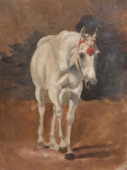 Jean-Richard GOUBIE (1840-1899) Lipizzan vu de face avec licol d'apparat
Huile sur...