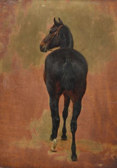 Jean-Richard GOUBIE (1840-1899) Cheval de selle bai brun-cerise vu de dos, bridé,...