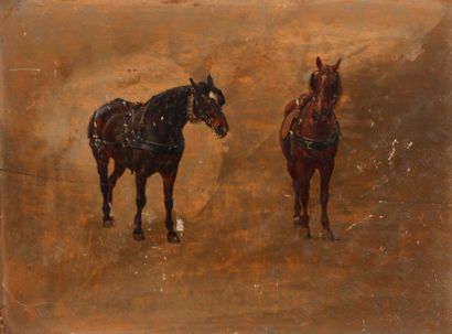 Jean-Richard GOUBIE (1840-1899) Deux études de chevaux d'attelage de profil et de...