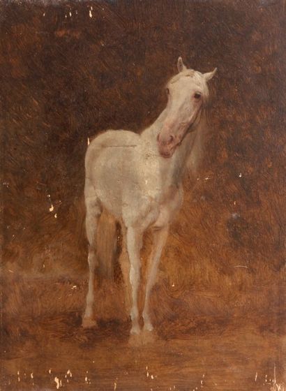 Jean-Richard GOUBIE (1840-1899) Vieux cheval gris vu de face
Huile sur panneau.
(Eclats).
22...