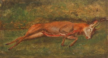 Jean-Richard GOUBIE (1840-1899) Animaux. Chien Coonhound noir et feu, canard et trophée...