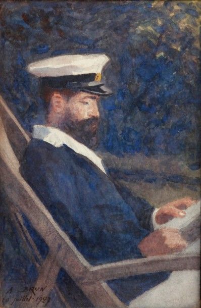 Alexandre BRUN (1853-1941) Gradé de la Marine lisant de profil.
Aquarelle, signée...