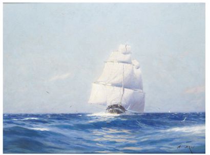 Alexandre BRUN (1853-1941) Frégate vent arrière
Huile sur toile, signée en bas à...