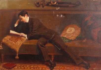 Alexandre BRUN (1853-1941) Homme lisant dans l'atelier de l'avenue Erlanger
Huile...