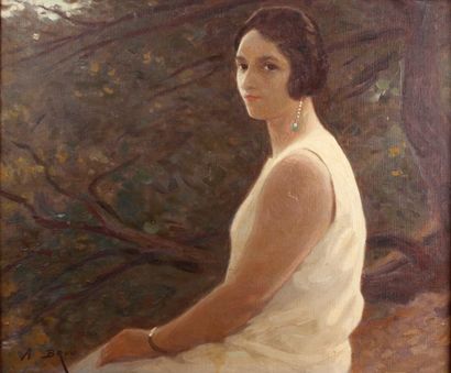 Alexandre BRUN (1853-1941) Jeune femme en robe, de trois quart
Huile sur toile, signée...