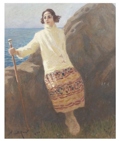 Alexandre BRUN (1853-1941) Femme sur les rochers à Roscoff
Huile sur toile, signée...