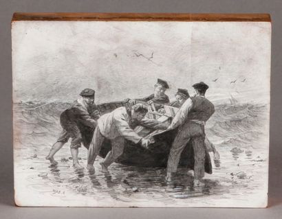 Alexandre BRUN (1853-1941) Marins tirant une barque
Bois de gravure, signée en bas...