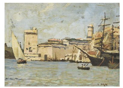 Alexandre BRUN (1853-1941) Port fortifié
Huile sur panneau, signée en bas à droite....
