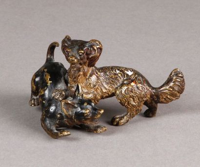 null GROUPE en bronze de Vienne patiné représentant deux chiens jouant.
H. 5 cm