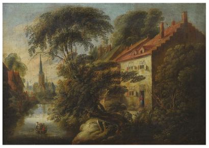 École Flamande du XVIIe siècle Rivière traversant un village en Flandres
Huile sur...