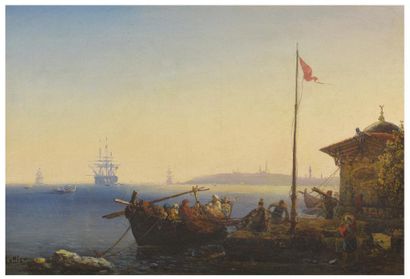 NON VENU - Louis LOTTIER (1851-1892) Vue du Bosphore avec turcs en barque, voiliers...