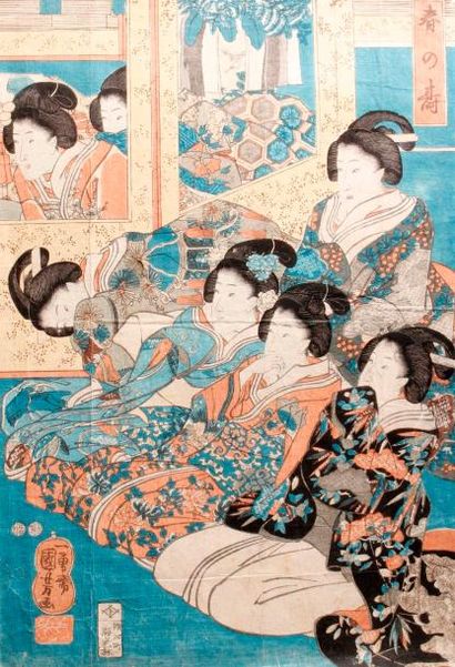 null TRIPTYQUE par Kuniyoshi (1797-1861) à décor de courtisanes se distrayant à regarder...