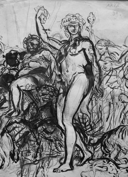 DEHODENCQ ALFRED (1822-1883) Le triomphe de Bacchus. Plume et lavis, cachet en bas...