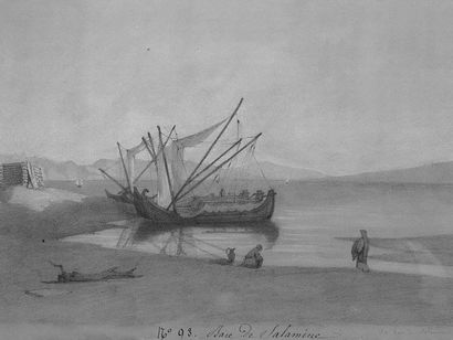 CURZON ALFRED DE (1820-1895) La baie de Salamine, 1852. Crayon et craie. 22x31cm...