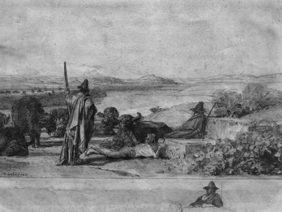BODINIER GUILLAUMIN (1795-1872) Bergers au bord du Tibre près de l'Acqua Acetosa,...