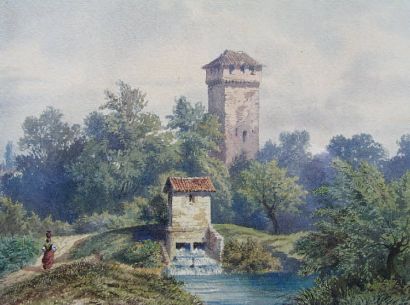 GOBAUT GASPARD (1814-1882) Paysage au moulin. Aquarelle, signée en bas à gauche....