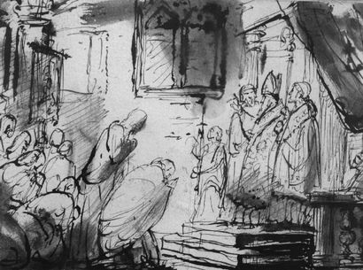 GRANET FRANÇOIS MARIUS (1775-1849) Evêque bénissant les fidèles. Plume et lavis....