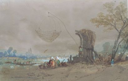 CRAPELET LOUIS AMABLE (1822-1867) La famille de pêcheurs. Aquarelle gouachée, signée...
