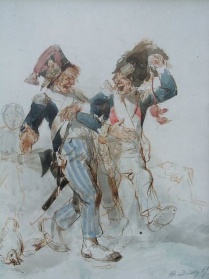 ANDRIEUX CLÉMENT AUGUSTE (1829-1880) Militaires en goguette, 1859 Aquarelle, signée...