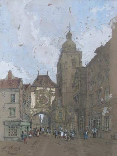 CLERGET HUBERT (1819-1899) Le Gros Horloge à Rouen. Aquarelle gouachée, signée en...