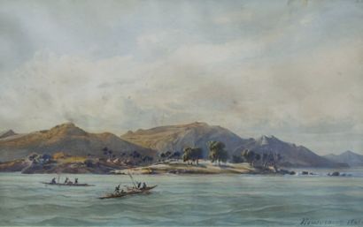 NOUSVEAUX EDOUARD AUGUSTE (1811-1867) Deux pirogues au large d'une côte rocheuse,...