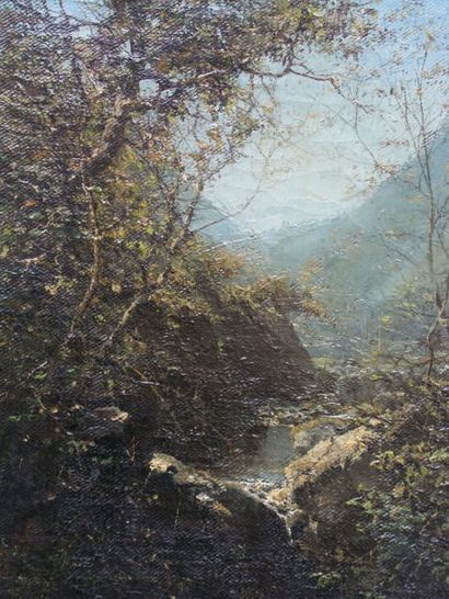 SOMERSCALES THOMAS JACQUES (1842-1927) Paysage au pont - La Vallée. Deux huiles sur...