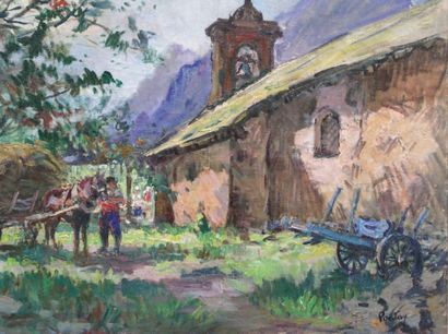 PONTOY HENRI (1888-1968) La charrette près de l'Eglise. Huile sur toile, signée en...