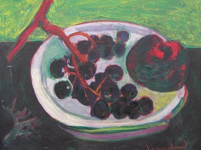André MARCHAND (1907-1997) Nature morte : Les raisins bleus. Huile sur isorel, signée...