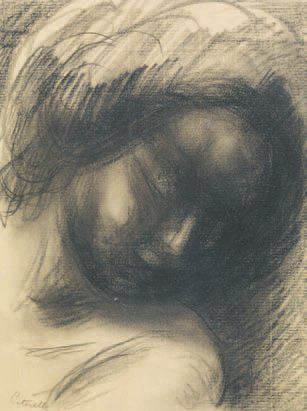 Adolphe PETERELLE (1874-1947) Visage de jeune fille Dessin au fusain, signé en bas...
