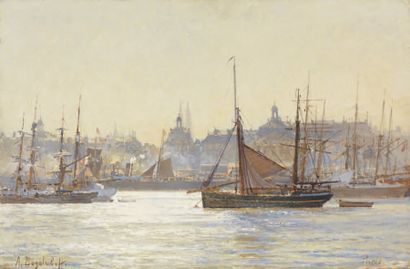 Alexei Petrovich BOGOLIUBOV (1824-1896) Vue d'un port Huile sur bois. Signé en bas...