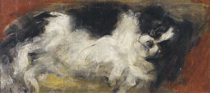 Ecole FRANCAISE du XIXe siècle Le chien Tama Huile sur toile. 22 x 46 cm. Porte au...