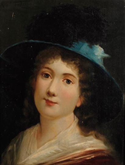 ECOLE FRANCAISE XIXe siècle 
Portrait de femme au chapeau bleu
Huile sur panneau,...