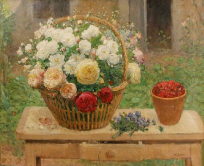 Ernest QUOST (1844-1931) 
Panier de fleurs et pot de framboises
Huile sur toile,...