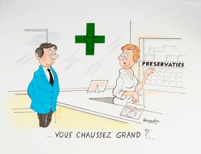 null ALEXANDRE. « Préservatifs. Vous chaussez grand ? » Encre de chine et aquarelle...