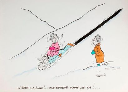 null ALEXANDRE. « J’adore la luge ! » Encre de Chine et aquarelle originale, signée....