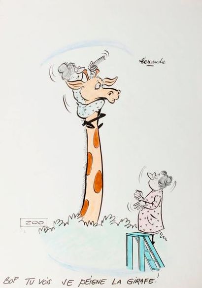 null ALEXANDRE. « Bof tu vois je peigne la girafe ». Encre de chine et aquarelle...