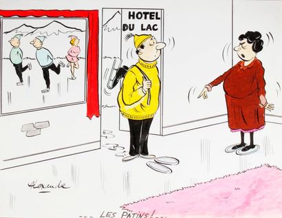 null ALEXANDRE. « Hôtel du Lac. Les Patins ! » Encre de chine et aquarelle originale,...