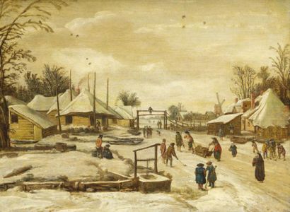 ECOLE HOLLANDAISE, Première Moitié du XVIIe siècle Paysage d'hiver animé
Huile sur...