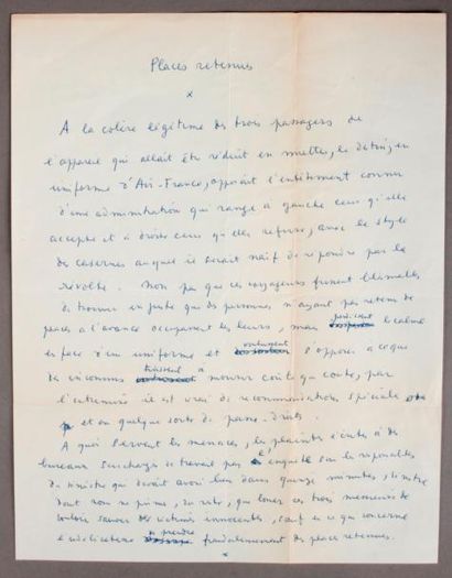Jean COCTEAU (1889-1963) Manuscrit autographe (quelques ratures), une page in-4....