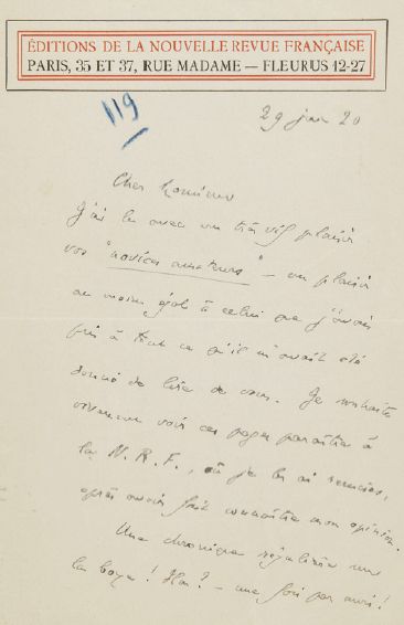 André GIDE (1869-1951) Belle lettre autographe signée. Deux pages in-8, 29 juin 20,...