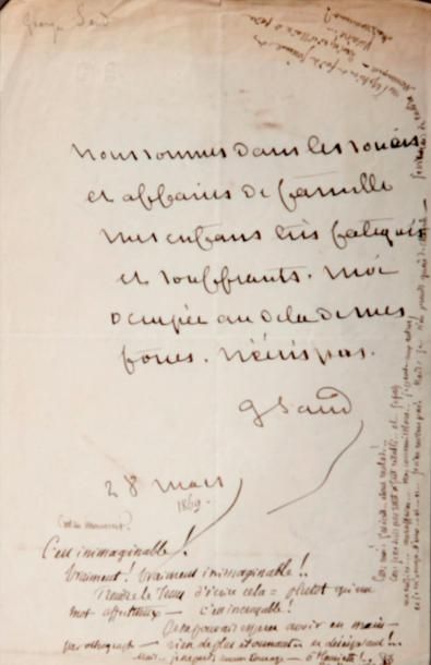 George SAND Lettre autographe signée à son chiffre, datée du 28 mars [1869], in-...
