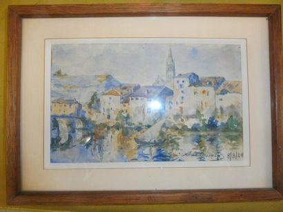 ECOLE FRANCAISE "Au bord d’une rivière" aquarelle signée en bas à droite (illisible)...
