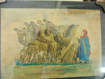 ECOLE IRAKIENNE "La présentation des chameaux" aquarelle signée en bas à gauche 18,6...