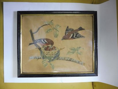 null "Couple d’oiseaux au nid" canevas polychrome 22 x 27 cm cadre baguette noir...