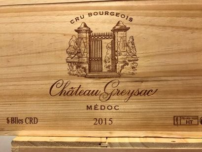 null 6 bouteilles Château Greysac Cru bourgeois 2015 (caisse bois d'origine).