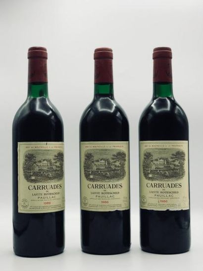 null 3 bouteilles Carruades de Lafite Rothschild 1986 (niveau: 2 bas goulot, étiq.très...