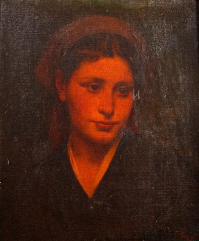 Eugènes LEYGUE (1813-1877) Portrait de jeune femme à la coiffe
Huile sur toile (ancien...