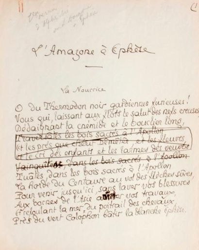 PIERRE LOUYS (1870-1925) Manuscrit autographe en première version de «L'Amazone à...